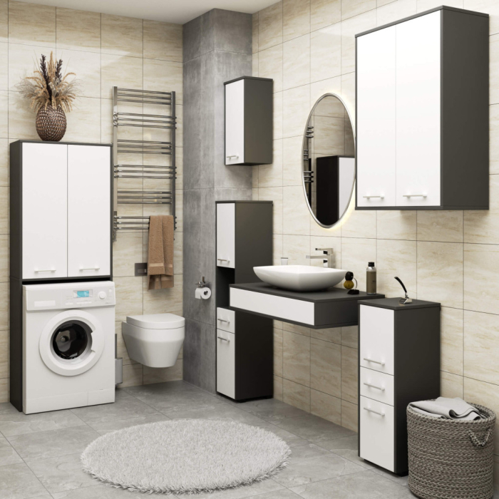 Dulap de baie cu 2 usi si 4 rafturi, pentru spatiul de deasupra masinii de spalat, 64x30x180 cm, gri grafit si alb [6]