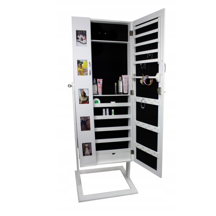 Dulap de toaleta cu oglinda, 2 usi cu spatiu dublu de depozitare bijuterii si cosmetice, 5 rame foto, 48x56x151cm, alb [3]