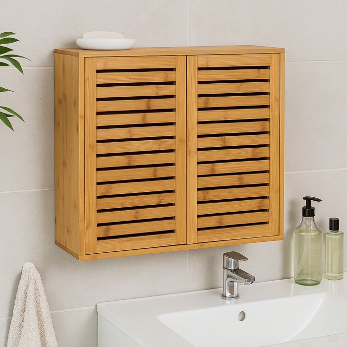 Dulap suspendat 5Five Sicela cu usa si rafturi, bambus si MDF, 52x20x59 cm, natur [5]