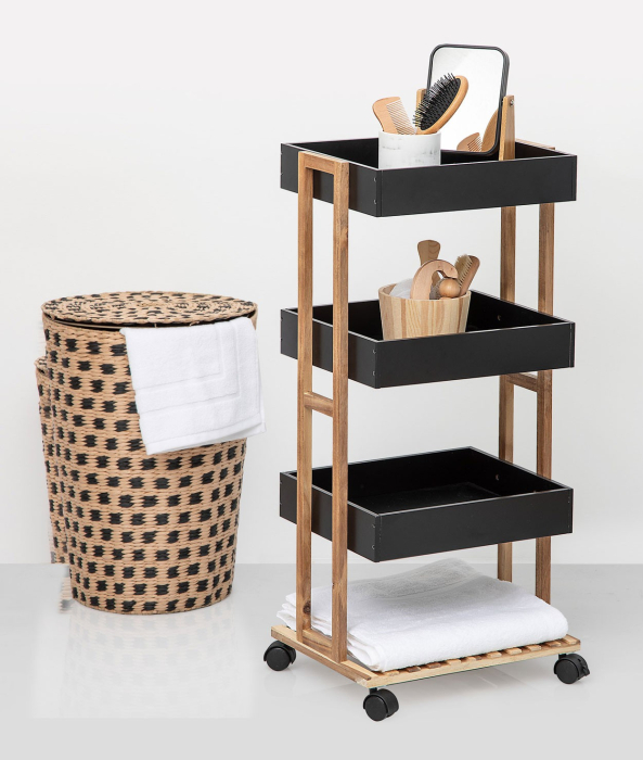 Etajera cu 4 rafturi 5Five Natureo pe roti, MDF si bambus, 40x30x88 cm, negru [2]