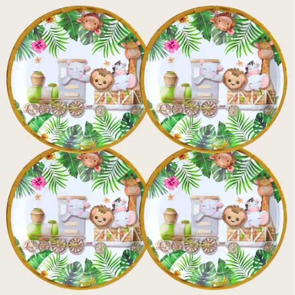 Farfurii Cartonate pentru Petreceri, , Farfurii cartonate de unica Folosinta pentru Zile de Nastere, Model Safari cu animale, set 10 buc, Diametru 23 cm, Multicolor [4]