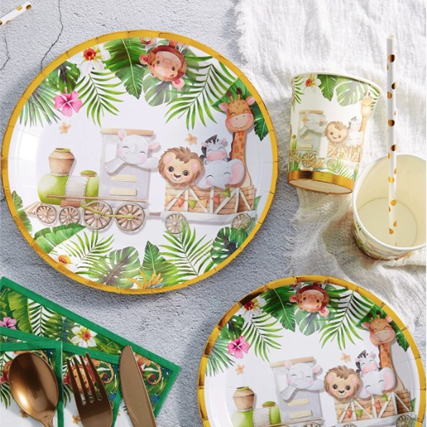 Farfurii Cartonate pentru Petreceri, , Farfurii cartonate de unica Folosinta pentru Zile de Nastere, Model Safari cu animale, set 10 buc, Diametru 23 cm, Multicolor [3]