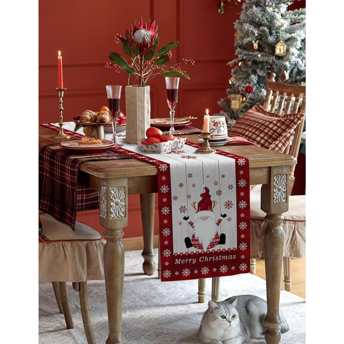 Fata de Masa Craciun, , Model 1 Elfi si Reni, din Textil, 33x180cm, Alb/Rosu [2]