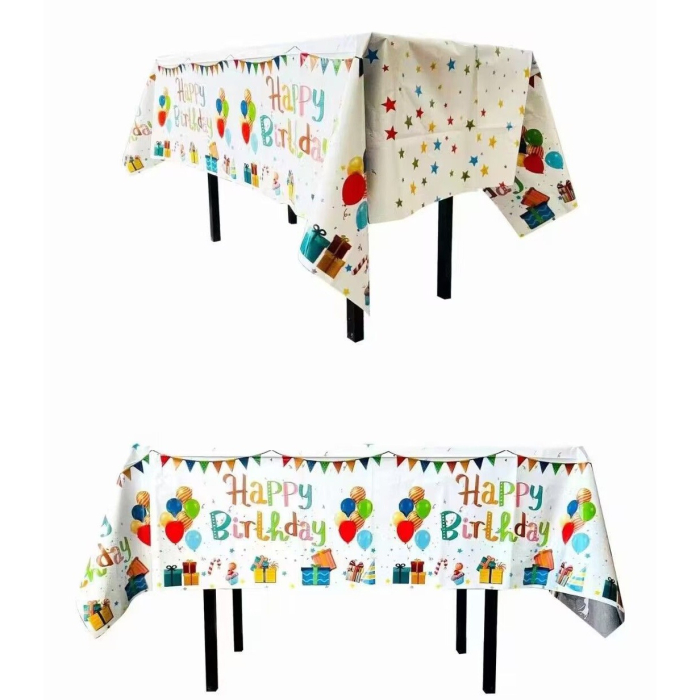 Fata de Masa, , din Folie, Imprimeu Happy Birthday cu Baloane, 137 x 183 cm, Alb [2]