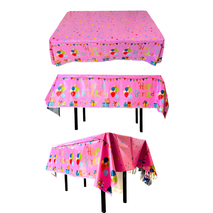 Fata de Masa, , din Folie, Imprimeu Happy Birthday cu Baloane, 137 x 274 cm, Roz [3]