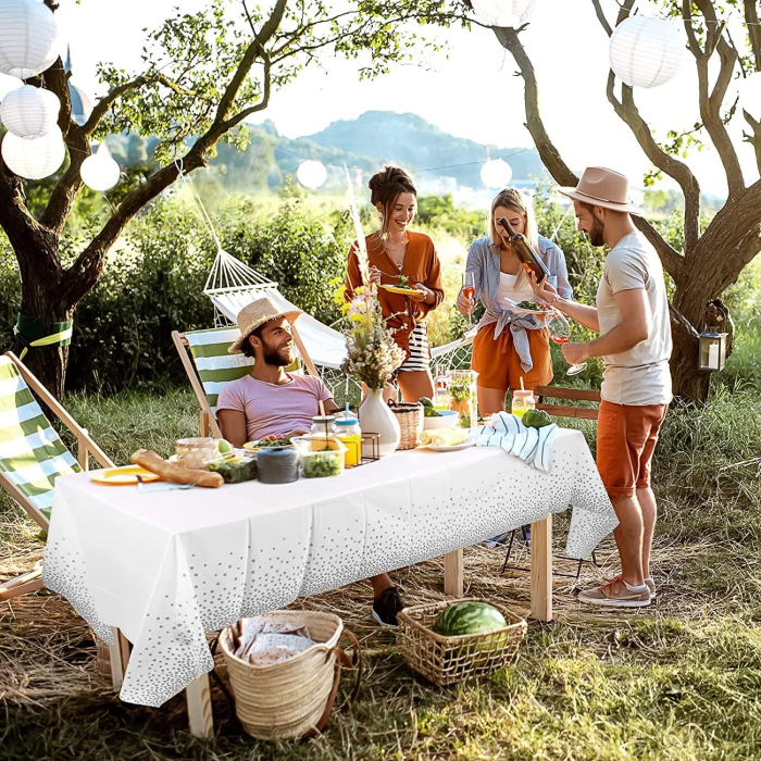 Fata de Masa, , din PEVA, Imprimeu Buline, 137 x 274 cm, Impermeabila, Fara Pete, Curatare Rapida, Argintiu [3]