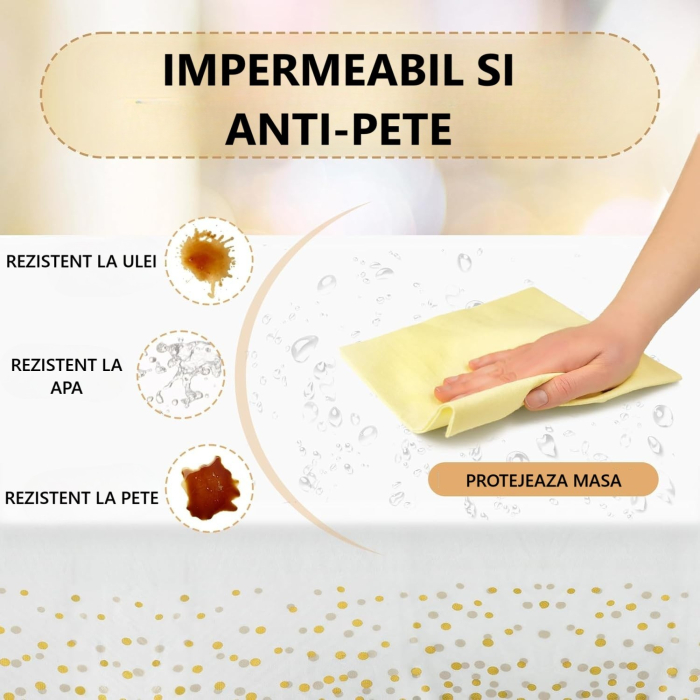 Fata de Masa, , din PEVA, Imprimeu Buline, 137 x 274 cm, Impermeabila, Fara Pete, Curatare Rapida, Crem [4]