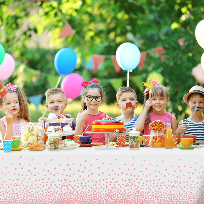 Fata de Masa, , din PEVA, Imprimeu Buline, 137 x 274 cm, Impermeabila, Fara Pete, Curatare Rapida, Roz [5]