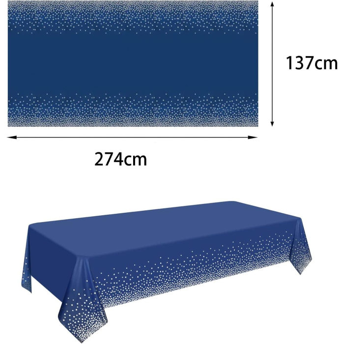Fata de Masa, , din PEVA, Imprimeu Buline Argintii, 137 x 274 cm, Impermeabila, Fara Pete, Curatare Rapida, Albastru Inchis [6]