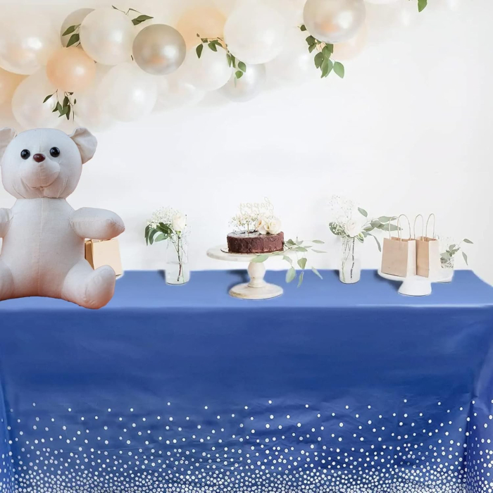 Fata de Masa, , din PEVA, Imprimeu Buline Argintii, 137 x 274 cm, Impermeabila, Fara Pete, Curatare Rapida, Albastru Inchis [3]