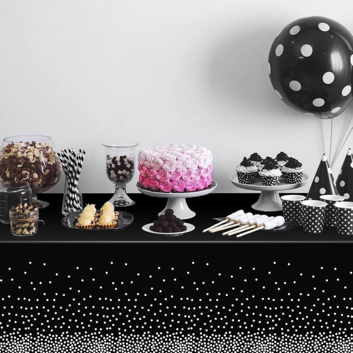 Fata de Masa, , din PEVA, Imprimeu Buline Argintii, 137 x 274 cm, Impermeabila, Fara Pete, Curatare Rapida, Negru [4]