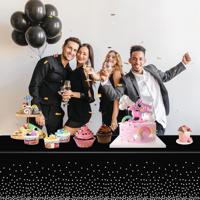 Fata de Masa, , din PEVA, Imprimeu Buline Argintii, 137 x 274 cm, Impermeabila, Fara Pete, Curatare Rapida, Negru [3]