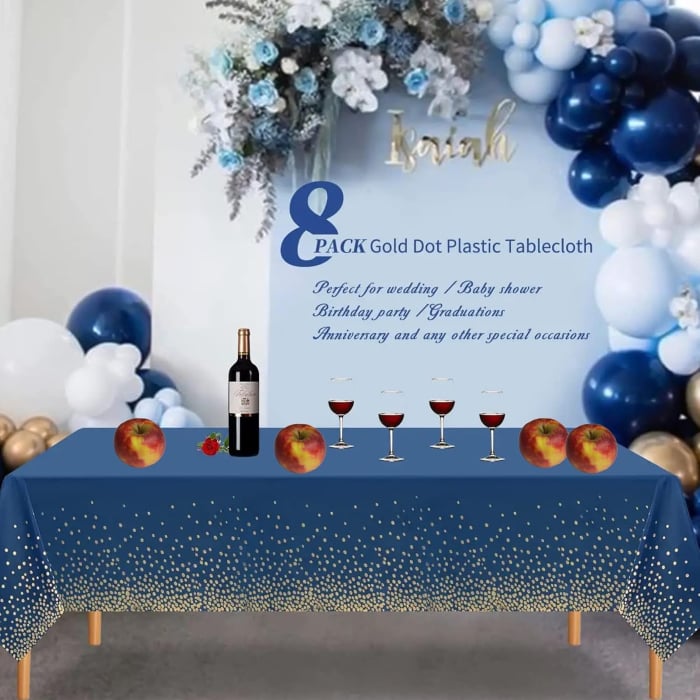 Fata de Masa, , din PEVA, Imprimeu Buline Aurii, 137 x 274 cm, Impermeabila, Fara Pete, Curatare Rapida, Albastru Inchis [5]