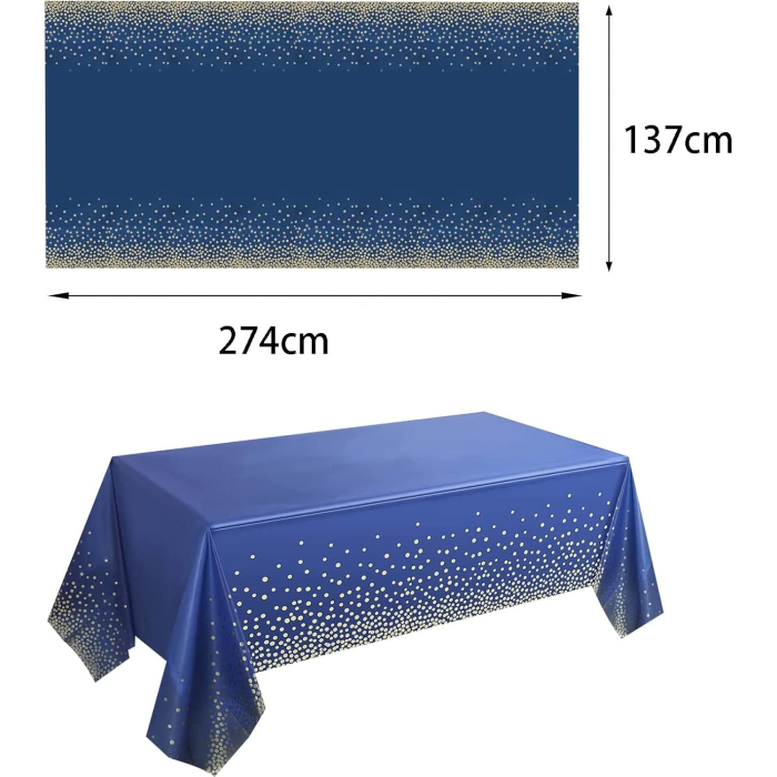 Fata de Masa, , din PEVA, Imprimeu Buline Aurii, 137 x 274 cm, Impermeabila, Fara Pete, Curatare Rapida, Albastru Inchis [3]