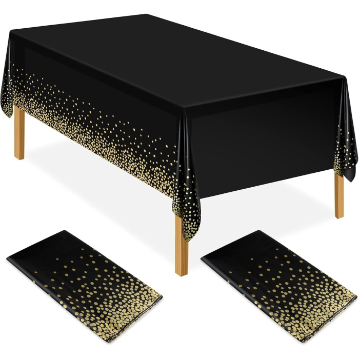Fata de Masa, , din PEVA, Imprimeu Buline Aurii, 137 x 274 cm, Impermeabila, Fara Pete, Curatare Rapida, Negru [7]