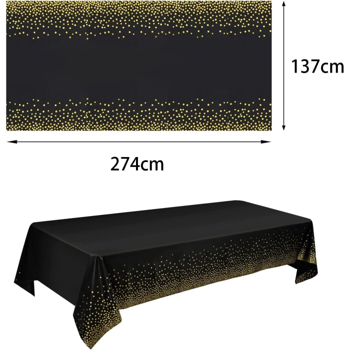 Fata de Masa, , din PEVA, Imprimeu Buline Aurii, 137 x 274 cm, Impermeabila, Fara Pete, Curatare Rapida, Negru [3]