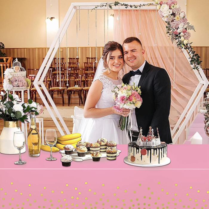 Fata de Masa, , din PEVA, Imprimeu Buline Aurii, 137 x 274 cm, Impermeabila, Fara Pete, Curatare Rapida, Roz [4]