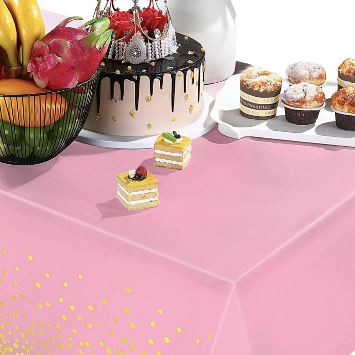 Fata de Masa, , din PEVA, Imprimeu Buline Aurii, 137 x 274 cm, Impermeabila, Fara Pete, Curatare Rapida, Roz [3]