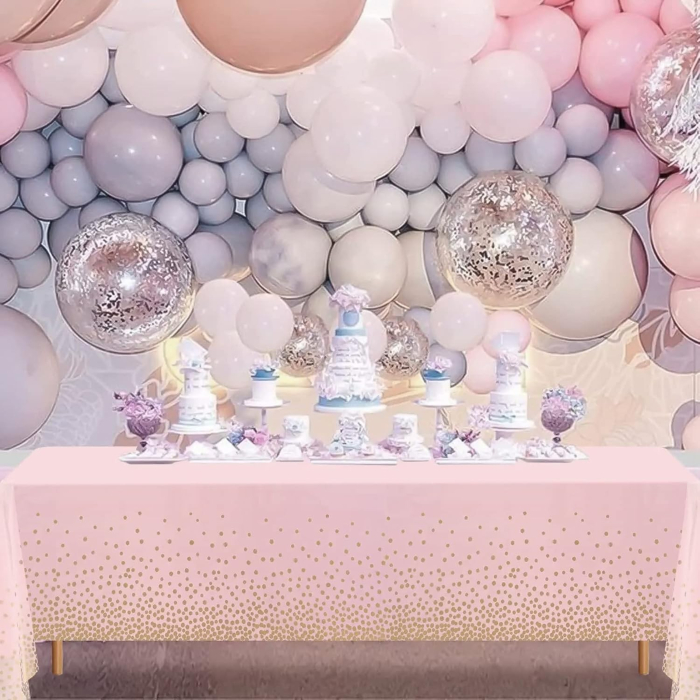 Fata de Masa, , din PEVA, Imprimeu Buline Aurii, 137 x 274 cm, Impermeabila, Fara Pete, Curatare Rapida, Roz Deschis [2]