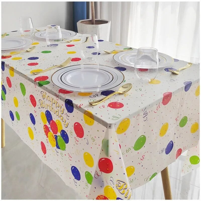 Fata de Masa, , din PEVA, Imprimeu Happy Birthday cu Baloane, 137 x 274 cm, Impermeabila, Fara Pete, Curatare Rapida, Multicolor [4]