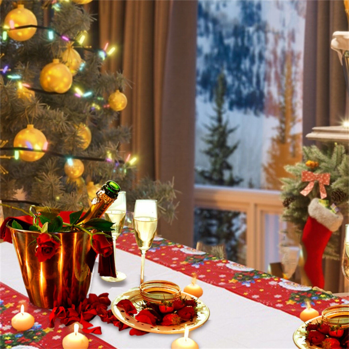 Fata de masa dreptunghiulara , PVC, 2.5 mm grosime, imprimeu Mos Craciun cu iepuras, potrivit pentru Craciun, utilizare multipla, 180 x 108 cm, alb [2]