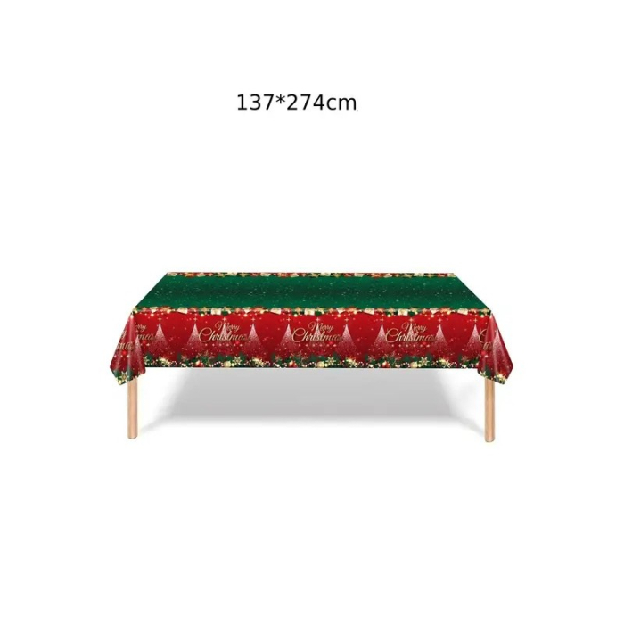 Fata de Masa Festiva, , Dreptunghiulara, Imprimeu Merry Christmas, Tema Craciun, Rezistenta la Apa, din PVC, 137 x 274 cm, Rosu/Verde [6]
