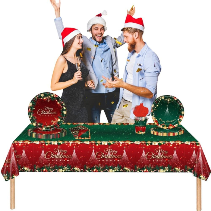 Fata de Masa Festiva, , Dreptunghiulara, Imprimeu Merry Christmas, Tema Craciun, Rezistenta la Apa, din PVC, 137 x 274 cm, Rosu/Verde [3]