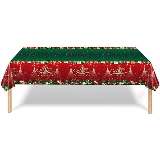 Fata de Masa Festiva, , Dreptunghiulara, Imprimeu Merry Christmas, Tema Craciun, Rezistenta la Apa, din PVC, 137 x 274 cm, Rosu/Verde [2]