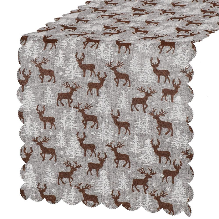 Fata de masa pentru decor, cu motive de Craciun, din stofa, 35x186cm, gri [1]