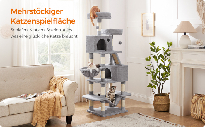 FEANDREA Ansamblu de joaca pentru pisici, tip copac, cu 3 culcusuri, hamac si 2 ascunzatoare, 55x45x168cm, gri deschis [2]