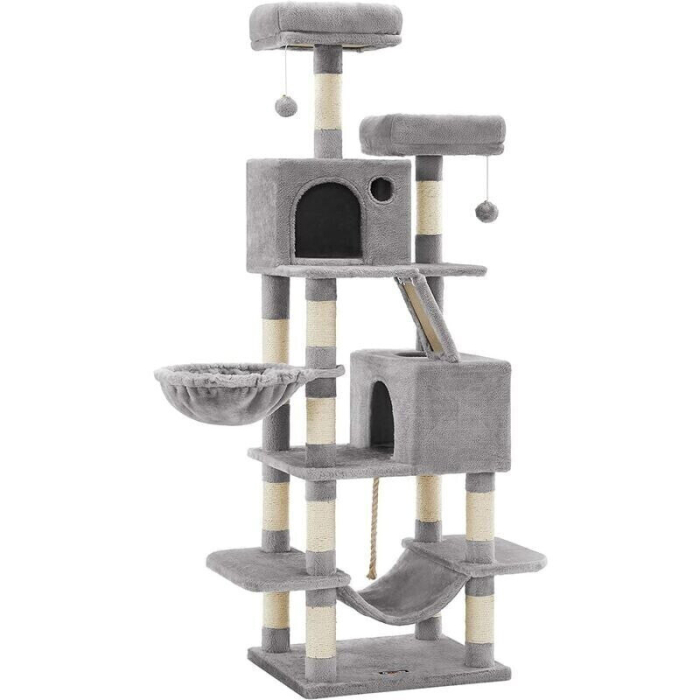 FEANDREA Ansamblu de joaca pentru pisici, tip copac, cu 3 culcusuri, hamac si 2 ascunzatoare, 55x45x168cm, gri deschis [1]
