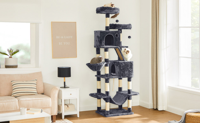 FEANDREA Ansamblu de joaca pentru pisici, tip copac, cu 3 culcusuri, hamac si 2 ascunzatoare, 60x50x206cm, gri inchis [8]