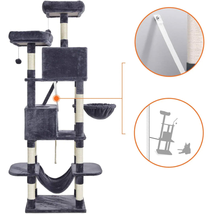 FEANDREA Ansamblu de joaca pentru pisici, tip copac, cu 3 culcusuri, hamac si 2 ascunzatoare, 60x50x206cm, gri inchis [14]