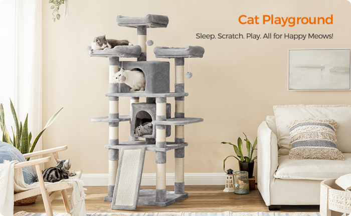 FEANDREA Ansamblu de joaca pentru pisici, tip copac, cu 3 culcusuri si 2 ascunzatoare, 61x49x170cm, gri deschis [2]