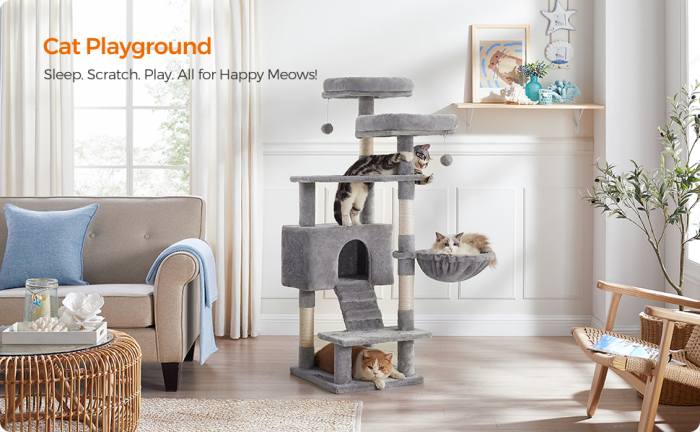 FEANDREA Ansamblu de joaca pentru pisici, tip copac, cu 3 culcusuri si ascunzatoare, 50x45x142cm, gri deschis [2]