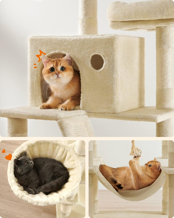 FEANDREA Ansamblu de joaca pentru pisici, tip copac, XXL, 13 stalpi de zgariat, 2 ascunzatori, 60x50x206cm, bej [7]