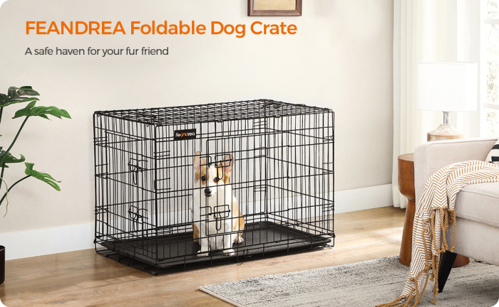 FEANDREA Cusca pentru animale, 2 usi, pliabila din metal, tava detasabila, L, 93x58x64cm, negru [8]
