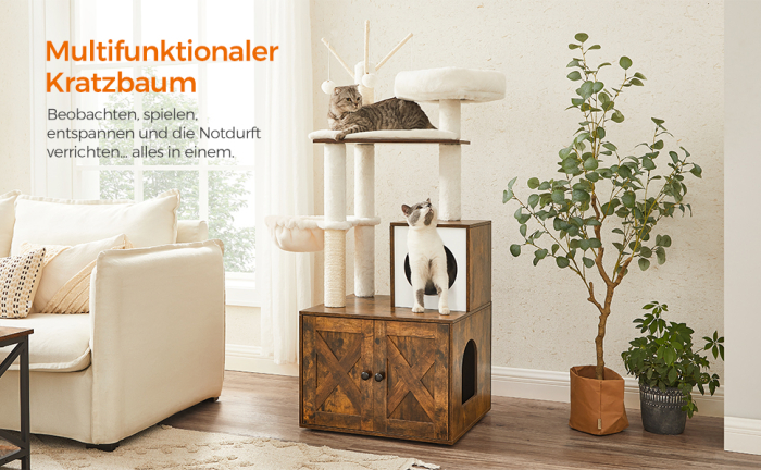 FEANDREA Mobilier 2 in 1 pentru pentru pisici cu cusca, ascunzatoare si loc de joaca, 58x50x140cm, maro vintage [2]