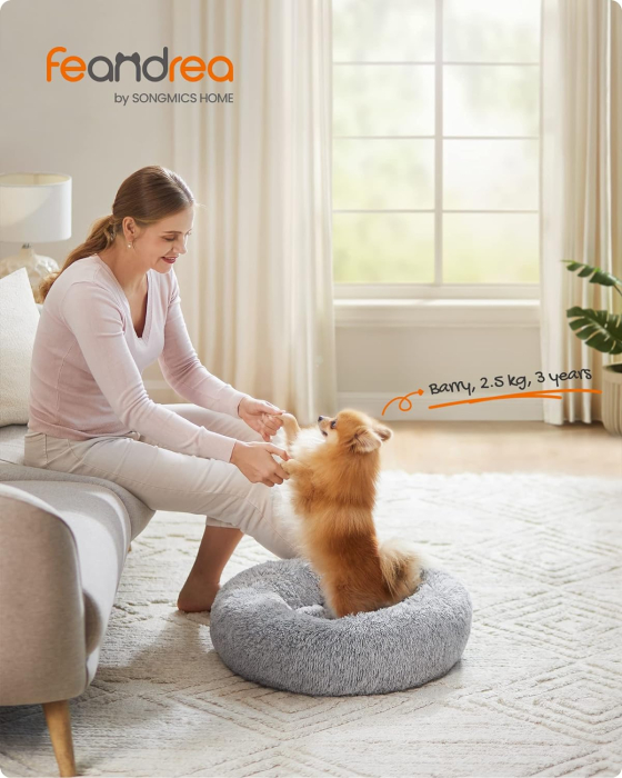 FEANDREA Pat pufos pentru caini si pisici, cu husa detasabila, lavabila, plus moale cu fir lung, 60 cm, gri [3]