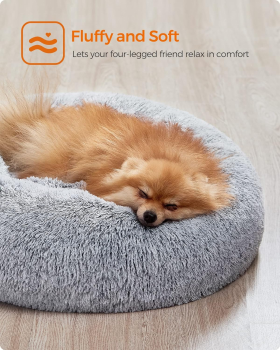 FEANDREA Pat pufos pentru caini si pisici, cu husa detasabila, lavabila, plus moale cu fir lung, 60 cm, gri [4]