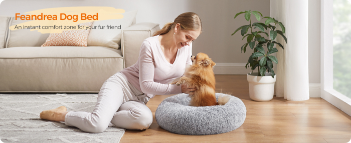 FEANDREA Pat pufos pentru caini si pisici, cu husa detasabila, lavabila, plus moale cu fir lung, 60 cm, gri [10]