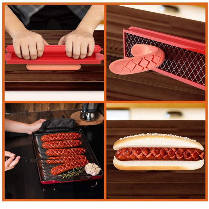 Feliator manual pentru hot-dog , crestare carnati si hot-dog, manual, potrivit pentru gratar, 29.5 x 6.5 cm, din inox si ABS, rosu [3]