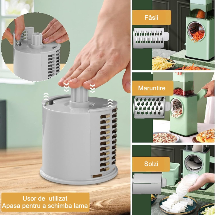 Feliator manual pentru legume , 3 lame din otel inxodabil, 3 tipuri de feliere, material carcasa ABS, latime maxima feliere 4 mm, baza de tip ventuza, usor si sigur de utilizat, 28.5 x 9,2 x 13.5 cm, verde [3]