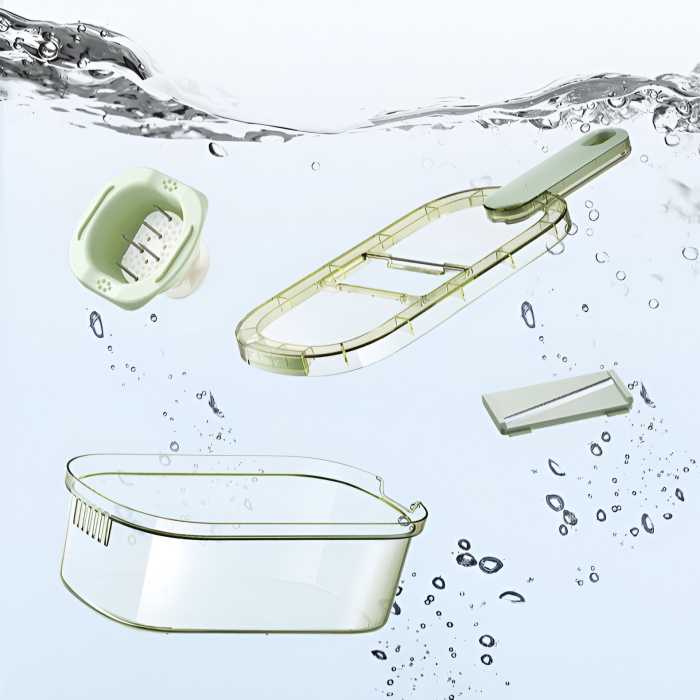 Feliator Multifunctional, , 3 in 1, pentru Fructe si Legume, 6 Piese, Maner, Lame de Inox, Recipient Stocare, Protectie Mana, ABS, 35x12x9.4 cm, Verde [8]