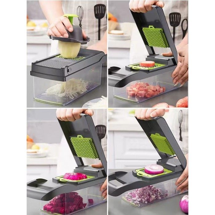 Feliator Multifunctional, , Razatoare, 8 in 1, pentru Fructe si Legume, 10 Piese, Lame de Inox, Recipient Stocare, Separator Oua, Protectie Mana, ABS, 32.2x11.3 cm, Verde/Gri [5]