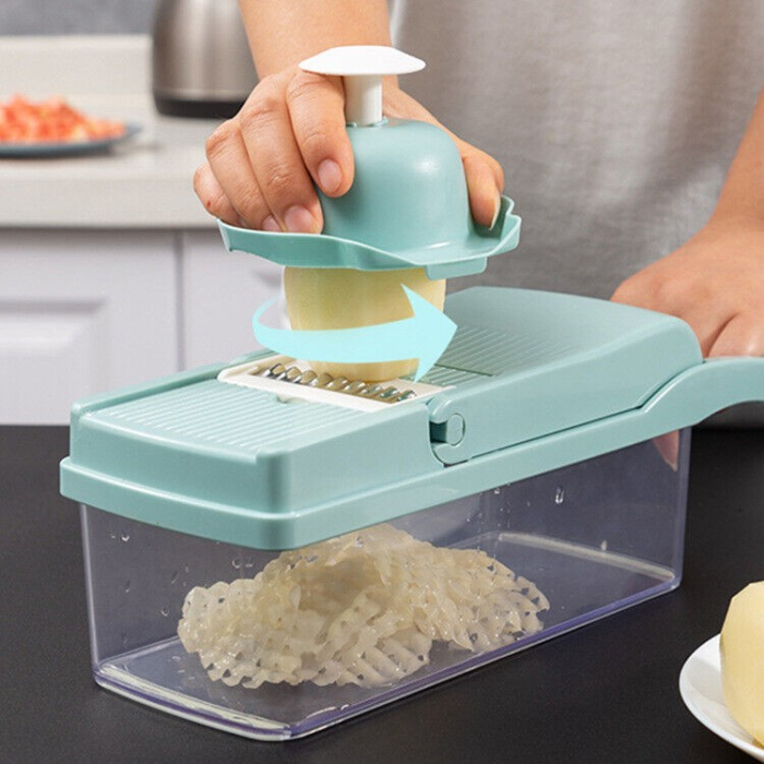 Feliator Multifunctional, , Razatoare, 8 in 1, pentru Fructe si Legume, 10 Piese, Lame de Inox, Recipient Stocare, Separator Oua, Protectie Mana, ABS, 32.2x11.3 cm, Albastru/Alb [5]