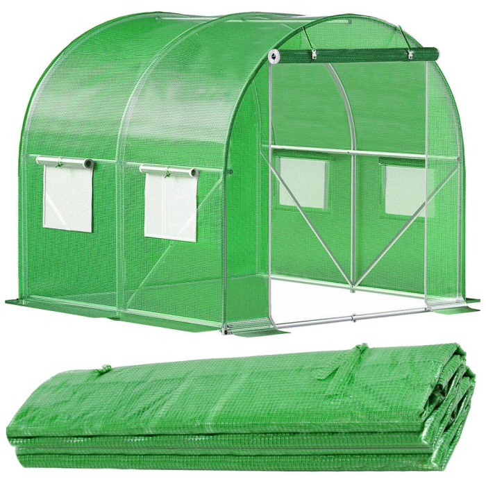 Folie inlocuire pentru sera 200x200x200 cm, PE 140g/mp cu plasa PP, UV4, 4 ferestre si usa cu fermoar, verde [16]