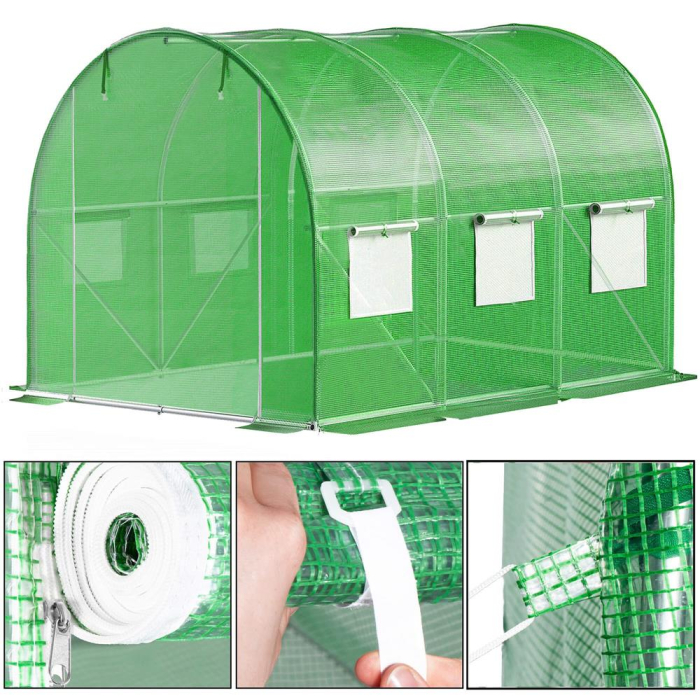 Folie inlocuire pentru sera 300x200x200 cm, PE 140g/mp cu plasa PP, UV4, 6 ferestre si usa cu fermoar, verde [14]