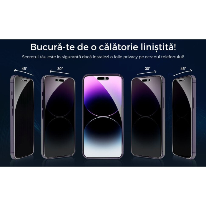 Folie Sticla Securizata, , Pentru Apple iPhone 16 Pro, Privacy Classic, 2.5D, Confidentialitate 30°, Negru Transparent [8]