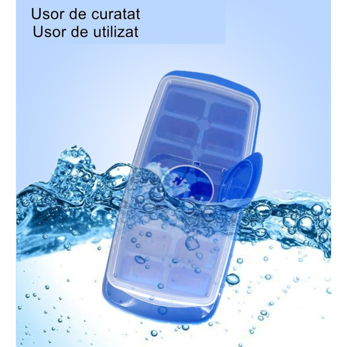 Forma pentru cuburi de gheata , 14 cuburi, reutilizabil, plastic alimentar, cu capac, orificiu umplere, dreptunghiulara, 29.5 x 12.5 x4 cm, albastru [6]